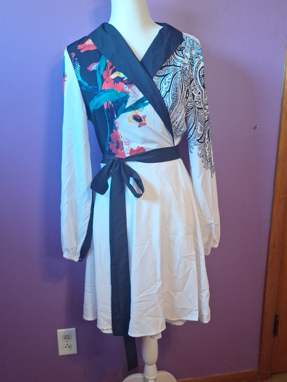 Kimono Wrap Dress With Unique Black & White And Flower Design